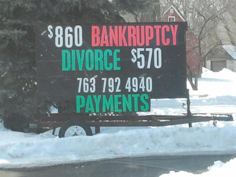 Sign for defunct service which used to offer bankruptcy for $860.